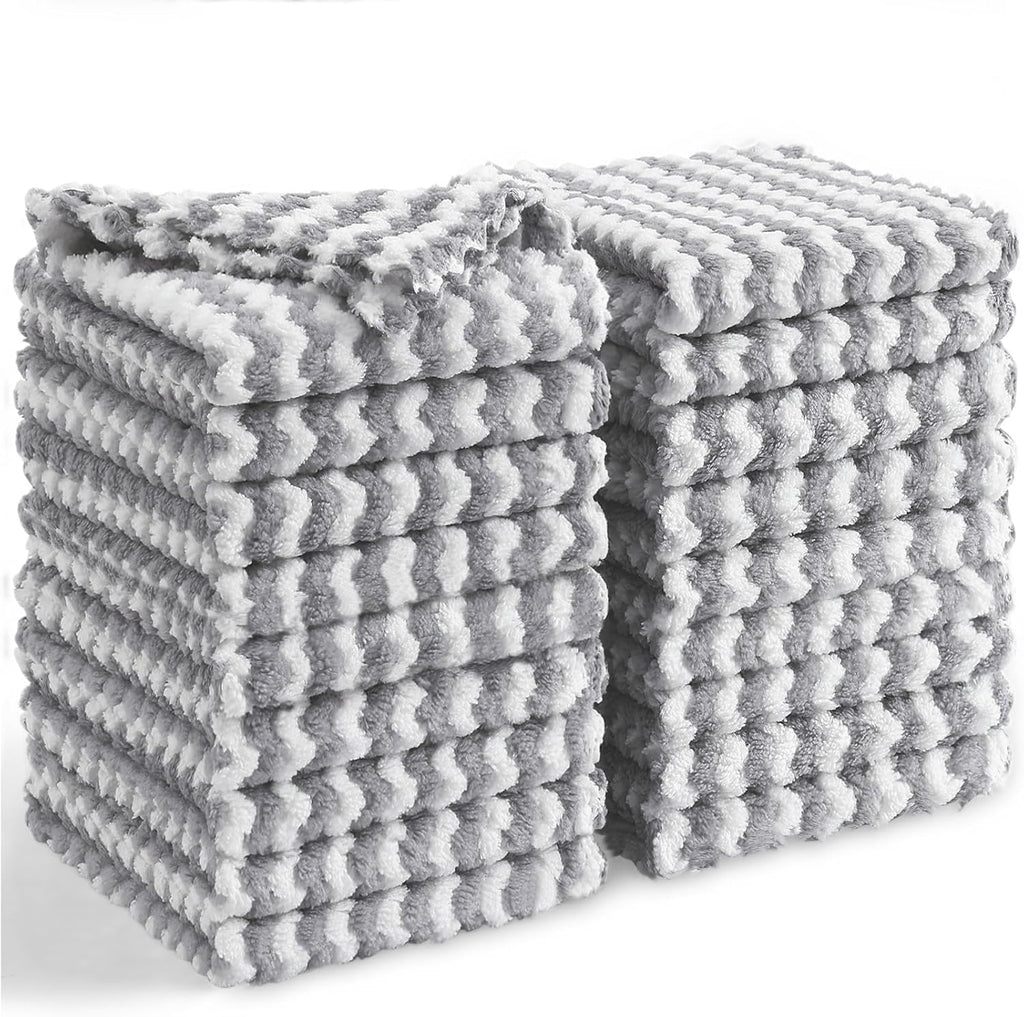 Homaxy 18 Pack Kitchen Dish Cloths, Ultra Soft and Absorbent Dish Towels, Reusable Fast Drying Microfiber Cleaning Cloth, Coral Velvet Wave Design No-lint,10 x 10 inches, Grey