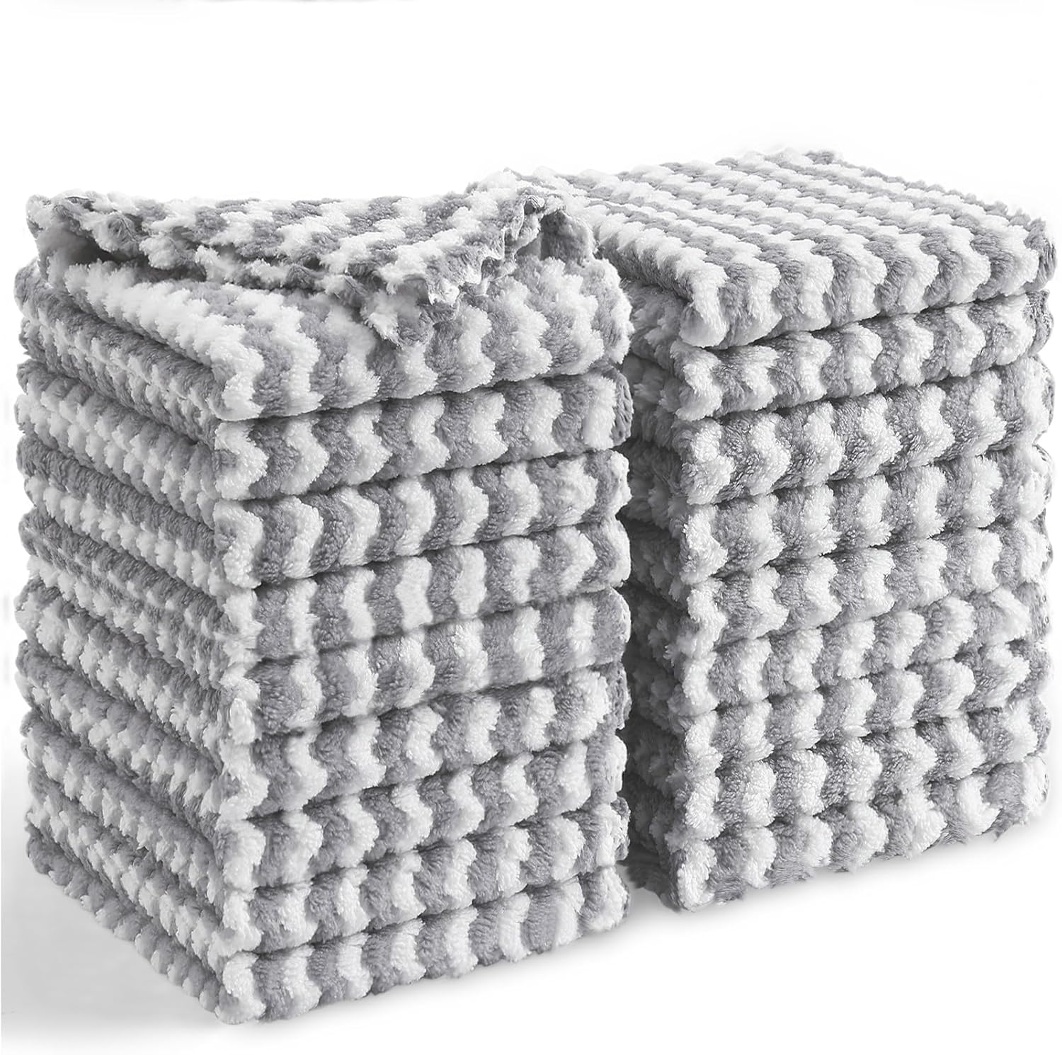 Homaxy 18 Pack Kitchen Dish Cloths, Ultra Soft and Absorbent Dish Towels, Reusable Fast Drying Microfiber Cleaning Cloth, Coral Velvet Wave Design No-lint,10 x 10 inches, Grey