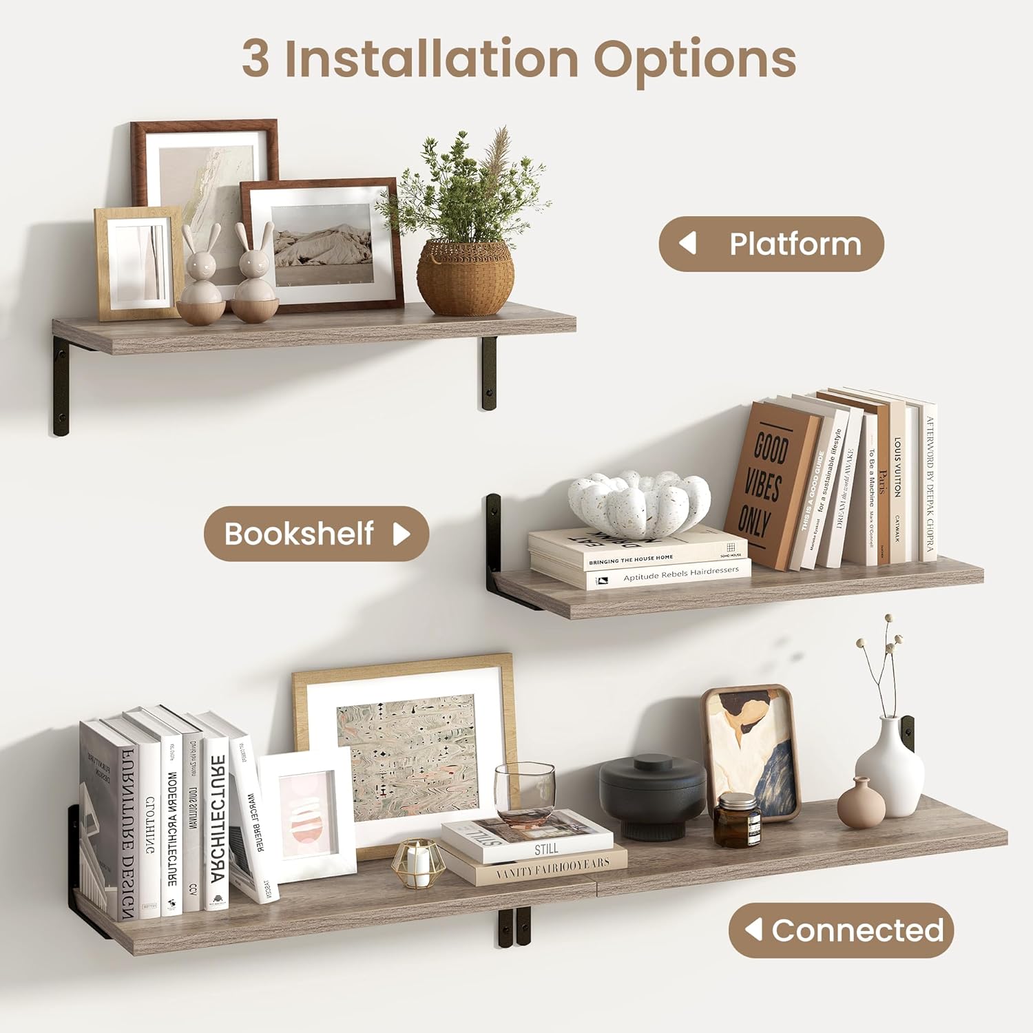 Fun Memories Deep Floating Shelves, 24W x 8D Floating Shelves Set of 2, Wall Mounted Shelf with Metal Brackets, Rustic Wood Wall Shelf for Bathroom, Kitchen and Living Room, Grey