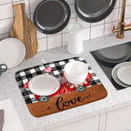 Valentine's Day Red Heart Truck Dish Drying Mat for Kitchen Counter,Black White Buffalo Plaid Love Drying Mat 16 x 18 Inch with Absorbent Reversible Microfiber Dish Drying Pad for Coffee Bar
