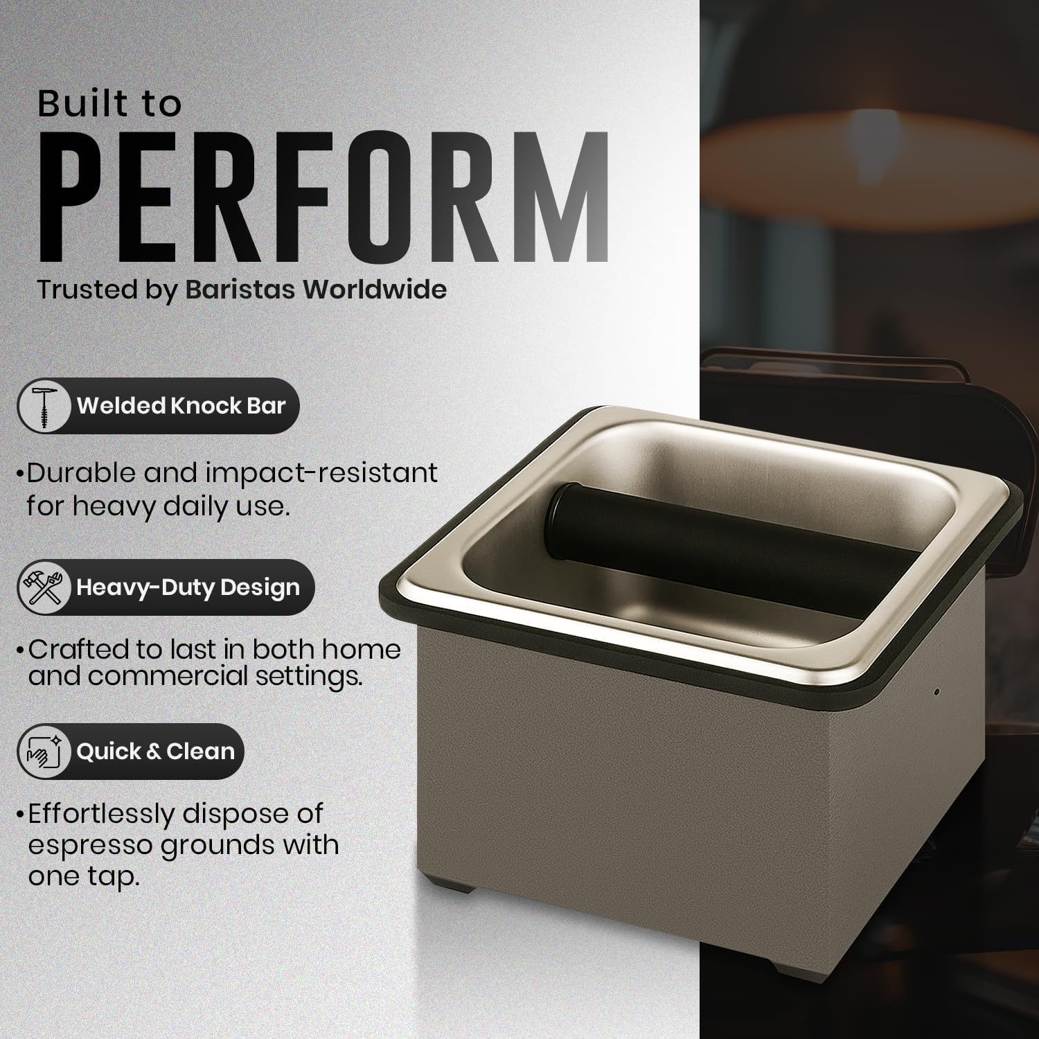 Rattleware Stainless Steel Knock Box - Perfect for Home, Cafe, Restaurant, Hotel, Office, or Commercial Establishment - Heavy Duty Knock Box Trusted By Baristas Worldwide (7.5" x 7" x 4")