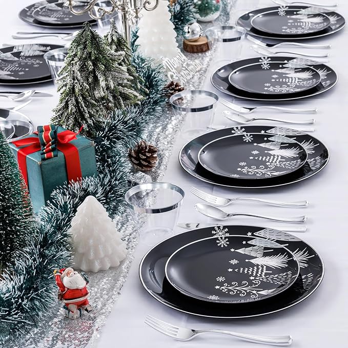 KIRE 150PCS Christmas Plates Disposable & Dinnerware Set for 25 Guests - Black & Silver Plates, Plastic Silverware & Cups With Silver Rim for Christmas Party Supplies