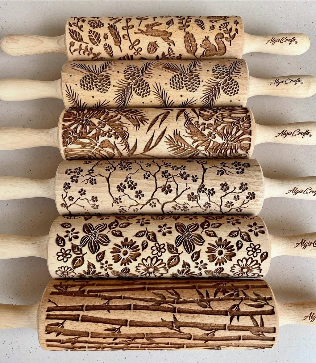 FLOWER MIX Embossing Rolling Pin with Flowers Pattern. Dough and Clay Roller for Embossed Cookies and Pottery. Cookie and Ceramic Stamp. Backing Gifts for Women by Algis Crafts