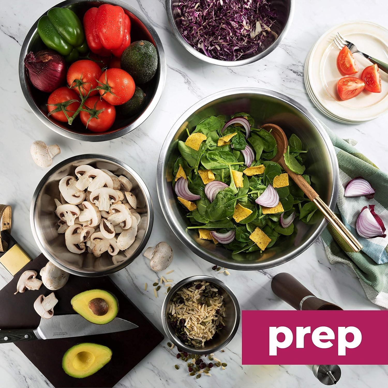 Stainless Steel Mixing Bowl Set, Nesting Bowls for Kitchen Baking, Cooking, Prepping, Kitchen Food Storage Organizers, No Lids (5 Pack)