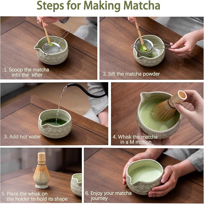 Matcha Whisk Set, Ceramic Matcha Kit Set Includes Matcha Bowl, Matcha Whisk and Holder, Bamboo Scoop, Scoop Rest, Sifter and Tea Towel - 7 Pcs Matcha Kit for Matcha Lovers (Mottled Green)