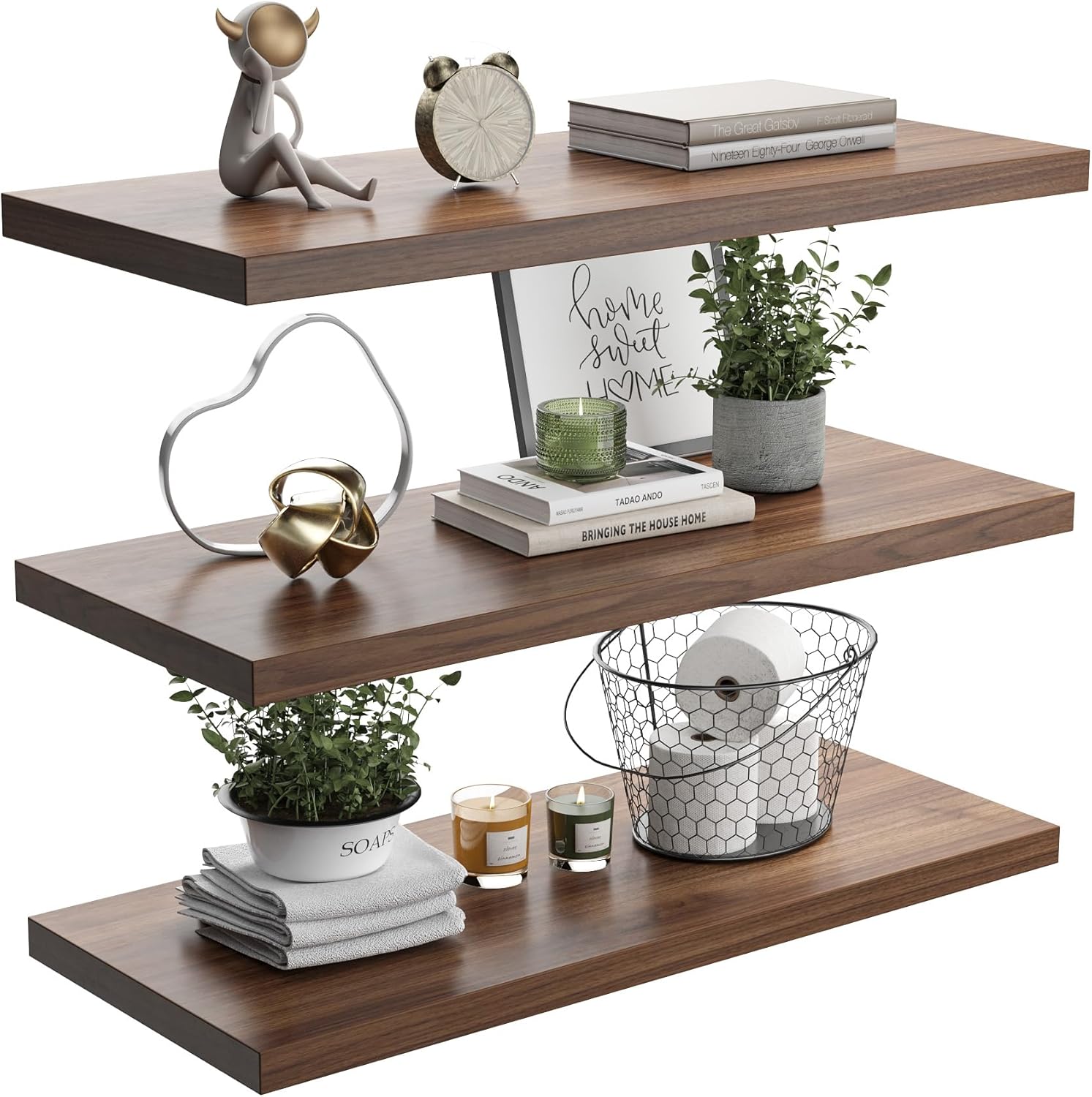 Wall Shelf Set of 3, Walnut Floating Shelves 36 in W x 10 in D x 1 in H, Wooden Floating Wall Shelf with Invisible Brackets for Living Room/Bedroom/Bathroom/Kitchen Storage and Decor