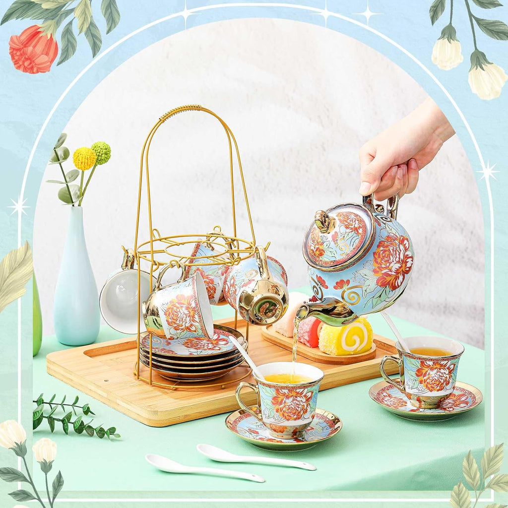 Zhehao 20 Pcs Porcelain Tea Set with Metal Holder and Spoon Adult Ceramic Tea Party Set European Flower Painting Teapot Cup Saucer Spoon Set for Women, Large Version(Retro Style)