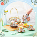 Zhehao 20 Pcs Porcelain Tea Set with Metal Holder and Spoon Adult Ceramic Tea Party Set European Flower Painting Teapot Cup Saucer Spoon Set for Women, Large Version(Retro Style)
