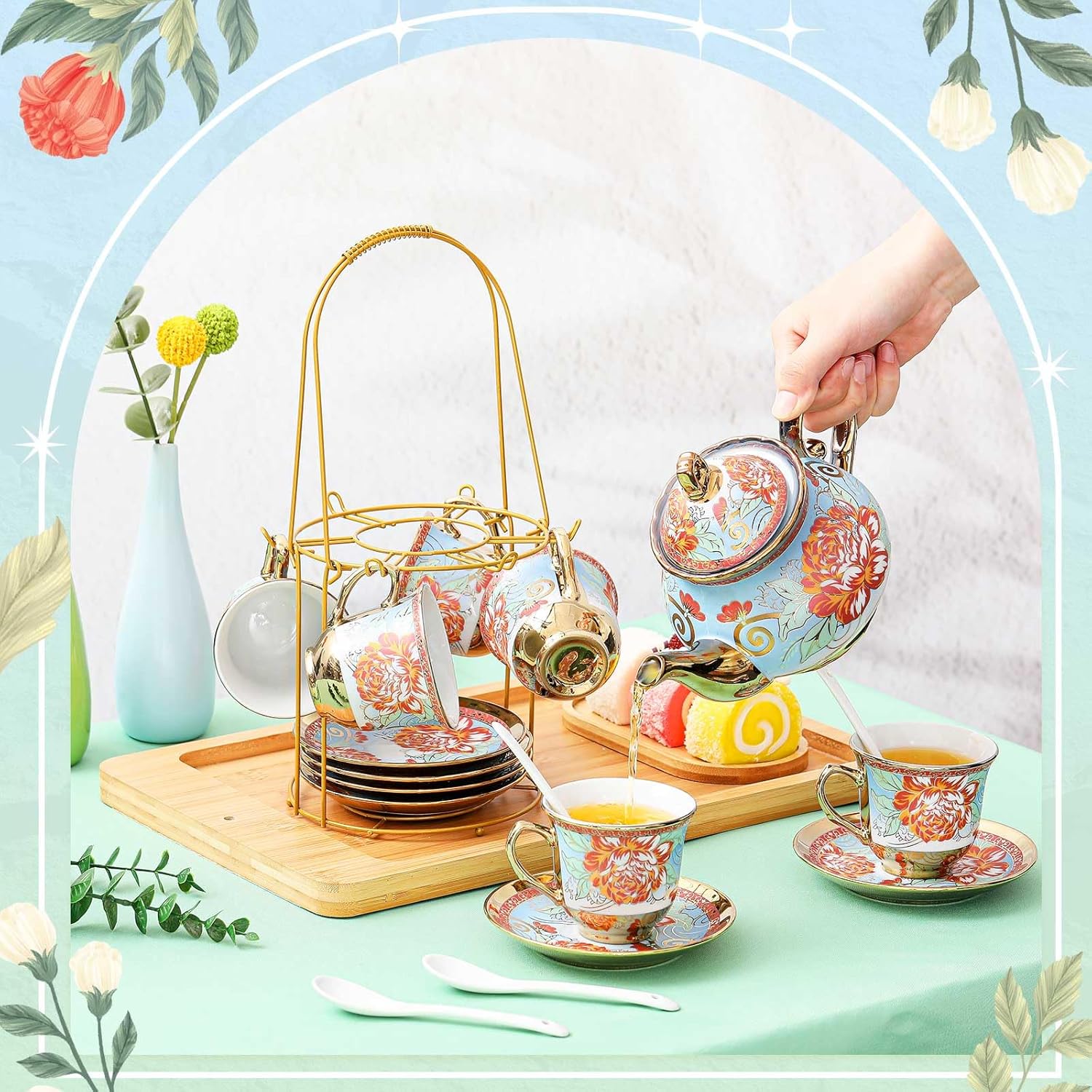 Zhehao 20 Pcs Porcelain Tea Set with Metal Holder and Spoon Adult Ceramic Tea Party Set European Flower Painting Teapot Cup Saucer Spoon Set for Women, Large Version(Retro Style)