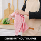 Homaxy 100% Cotton Terry Kitchen Towels(Pink, 13 x 28 inches), Checkered Designed, Soft and Super Absorbent Dish Towels, 4 Pack