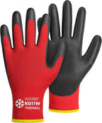 KAYGO Winter Work Gloves for Men and Women, 12 Pairs Thermal Insulated Safety Work Gloves PU Coated, Smooth Grip on Palm & Fingers,Ideal for Freezer Work,Red,L