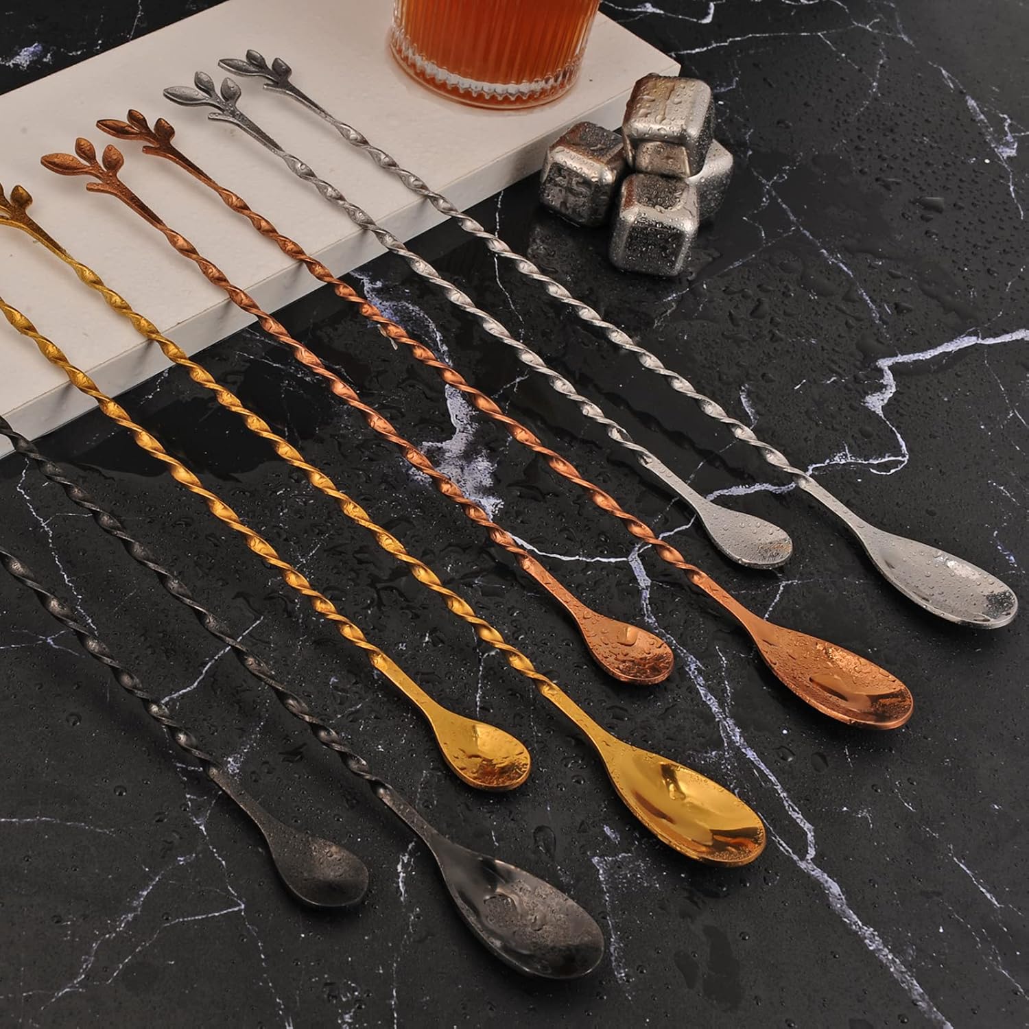 AnSaw Gold 10-Inch Stainless Steel Cocktail Spoon with Leaf Handle - Perfect for Mixing & Layering Drinks in Tall Cups, Bar & Shakers - Durable Long Handle Bar Stirrer,1-Pieces