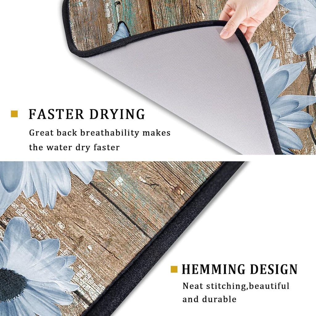 Rustic Daisy Dish Drying Mat for Kitchen Countertop 18x24 inch Blue Sunflowers on Wooden Board Dish Drainer Mats Fast Drying Country Vintage Style Shabby Chic Flower Dish Drying Pad Decor Large