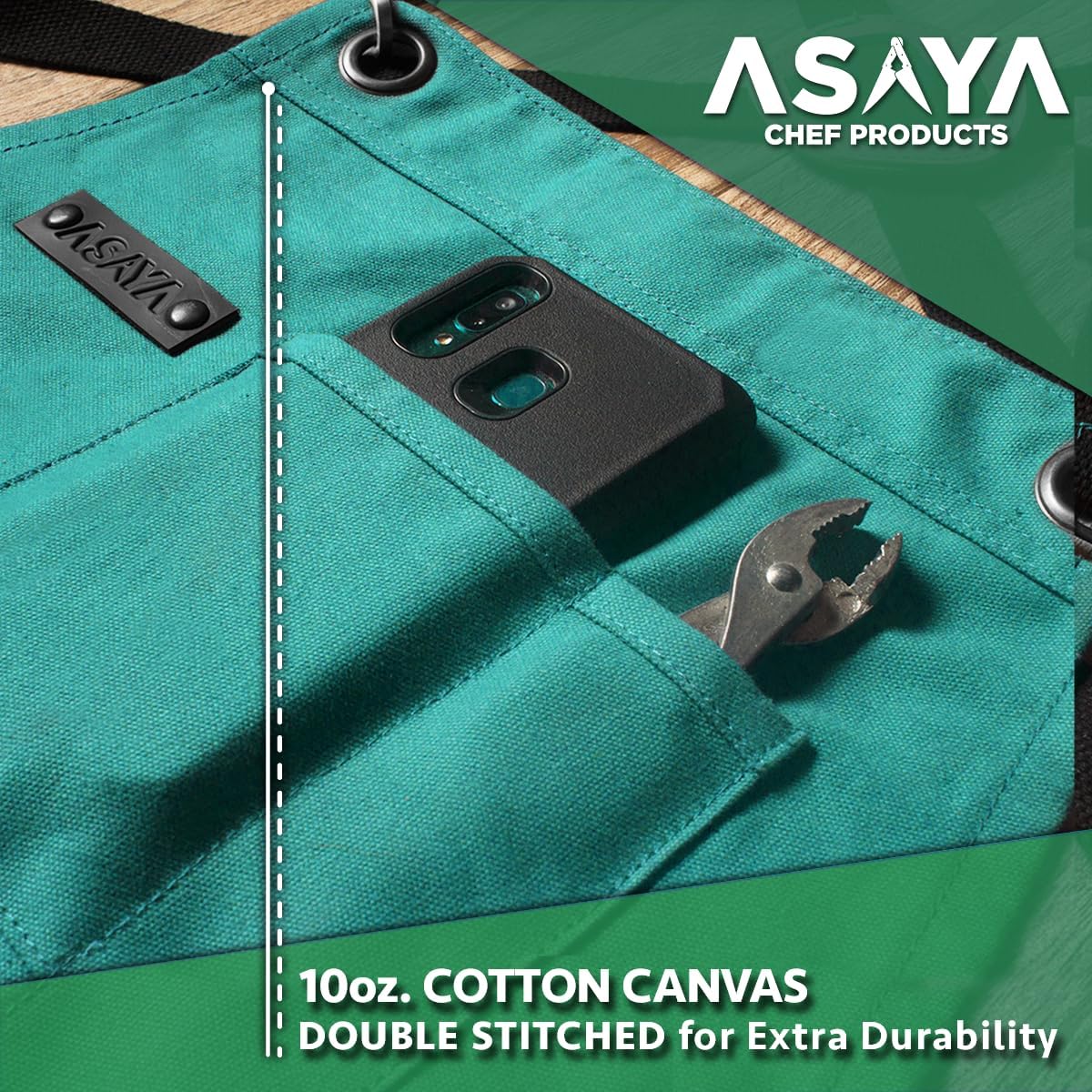 Asaya Chef and BBQ Apron with Bottle Opener and Hand Towel - 10oz Cotton Canvas, Stainless Steel Hardware - Cross Back Straps