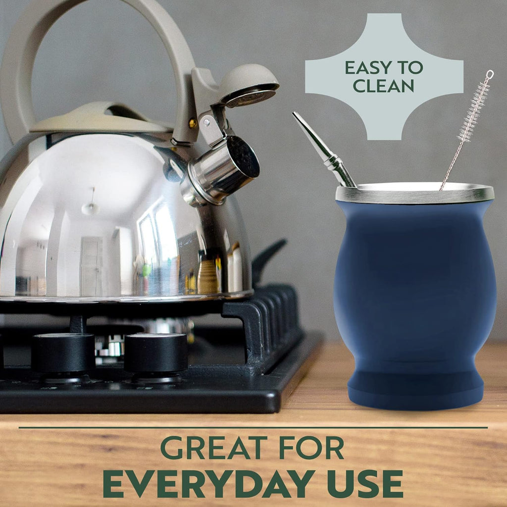 Norte Yerba Mate Cup Kit, 8-Ounces Traditional Mate Tea Cup/Gourd Set | Includes 2 Bombillas (Yerba Mate Straw) & Cleaning Brush, Stainless Steel Cup, Double-Walled, Easy to Clean | Blue