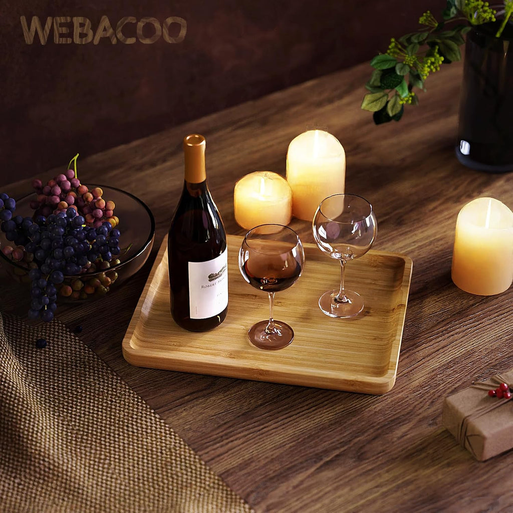 Square Bamboo Serving Tray with Handles - 9.4x7.4 Inch Rustic Wooden Platter for Coffee, Kitchen, Living Room & Party (Lightweight, Splinter-Free & Oil-Coated)