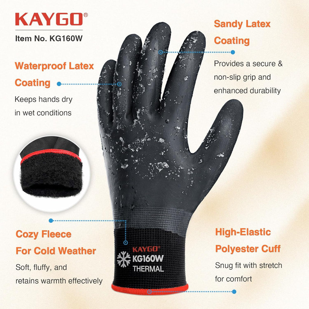 KAYGO Winter Waterproof Work Gloves for Men and Women, 3 Pairs Thermal Insulated Freezer Rubber Coated Gloves,Super Grip,KG160, S, Black,