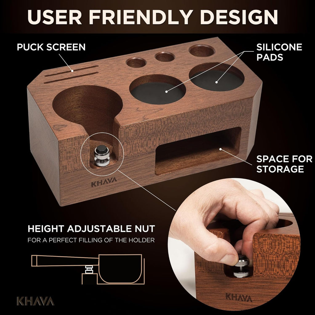 KHAVA Espresso Tamping Station | Wooden Coffee Tamper Station 51-54 mm | Espresso Organizer & Portafilter Holder | Coffee Station Organizer for Countertop | Espresso Accessories for Coffee Bar, Brown