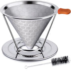 Pour Over Coffee Dripper, Stainless Steel Coffee Filter Reusable Pour Over Coffee Filter Cone Coffee Dripper with Removable Cup Stand and Bonus Brush