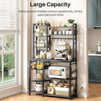 Baker Rack with Power Outlet - Microwave Stand with Storage, Large Coffee Bar Station with 14 Hooks, Metal Kitchen Shelf Rack for Spices, Pots (Rustic Grey)