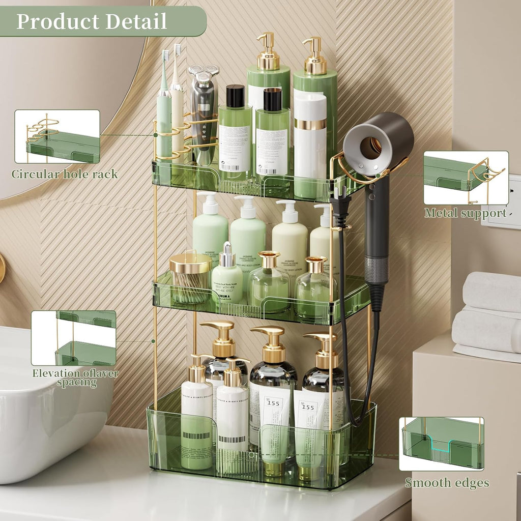 YCIA&DONE Bathroom Counter Organizer, Large Makeup Organizer Countertop, Shelf Storage, Vanity Tray, Easily Assemble for Bathroom Organizers and Storage, Undersink, Cabinet, 3 Tiers Green
