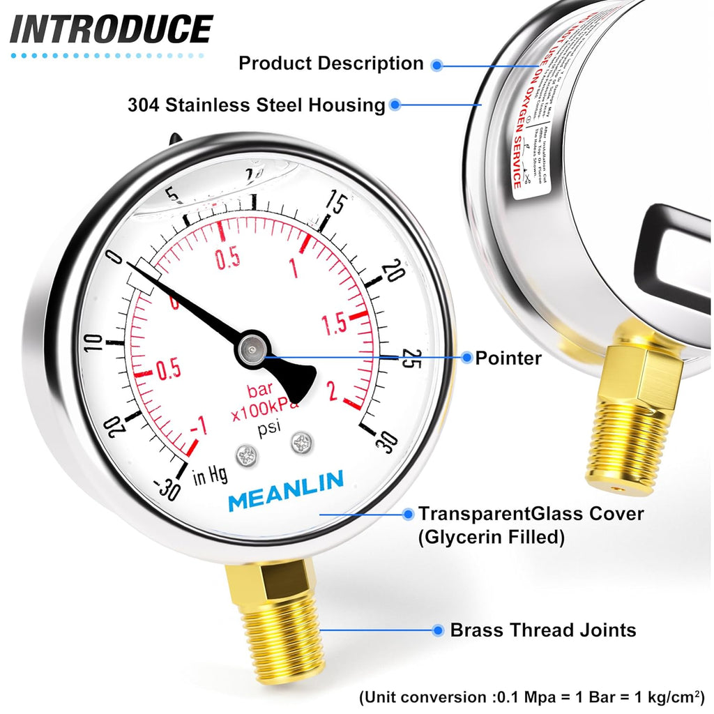 MEANLIN MEASURE -30inHG~30Psi Stainless Steel 1/4" NPT 2.5" FACE DIAL Vacuum Pressure Gauge, Lower Mount, with 1/2" NPT and 3/8" NPT Hex Bushing