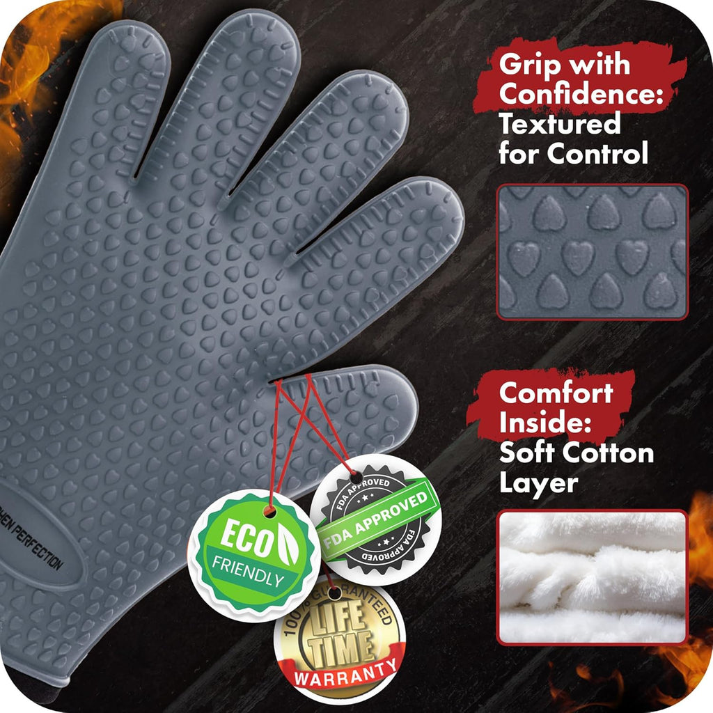 Kitchen perfection XL Silicone Smoker Oven Gloves for Women -Extreme Heat Resistant BBQ Gloves -Handle Hot Food Right on Your Grill Fryer&Pit|Waterproof Grilling Cooking Mitts|Superior Set+3 Bonuses