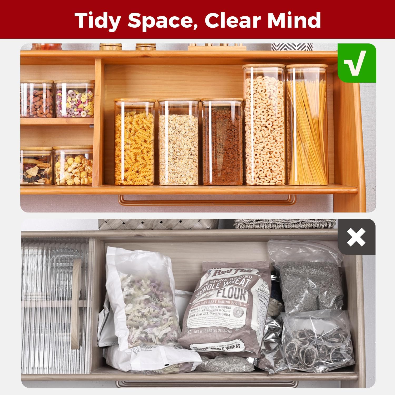 Airtight Glass Storage Canister with Lids, Kitchen Pantry Storage Jar with Labels, Food Storage Container for Sugar Tea Coffee Beans Snacks (2 pack 1.6qt)