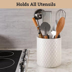 Ceramic Utensil Holder for Kitchen Counter with Anti-Slip Base - 5.5" Round x 6.5" Tall Kitchen Utensil Holder for Countertop - Holds up to 15 Pieces - Cooking Utensils Container - Vase for Utensils