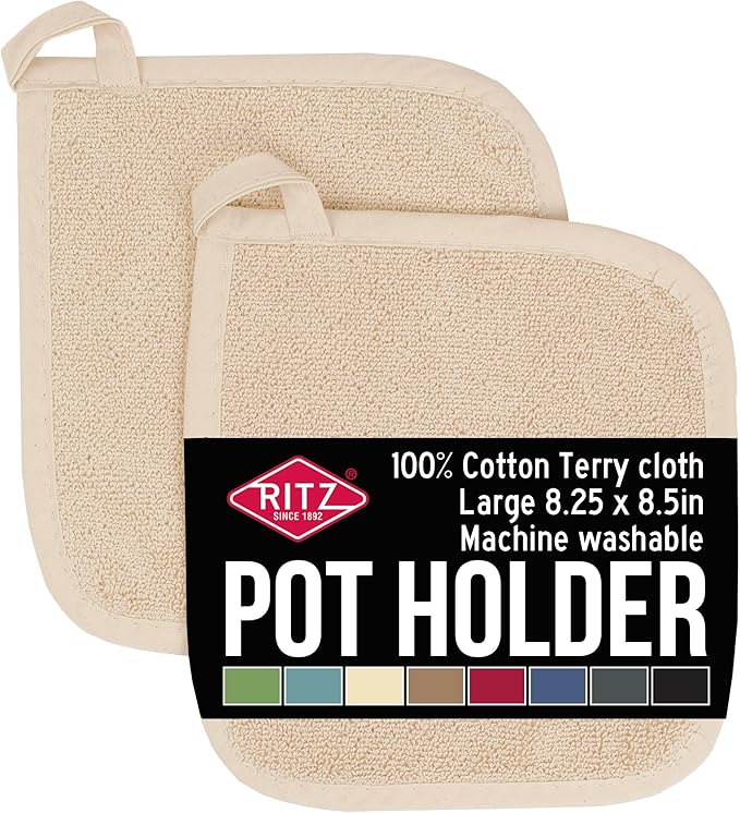 RITZ Terry Potholder & Hot Pad: Unparalleled Heat Resistant, Durable 100% Cotton – Ergonomically Designed for Optimal Grip – Easy-Care Machine Washable – 2-Pack, Latte