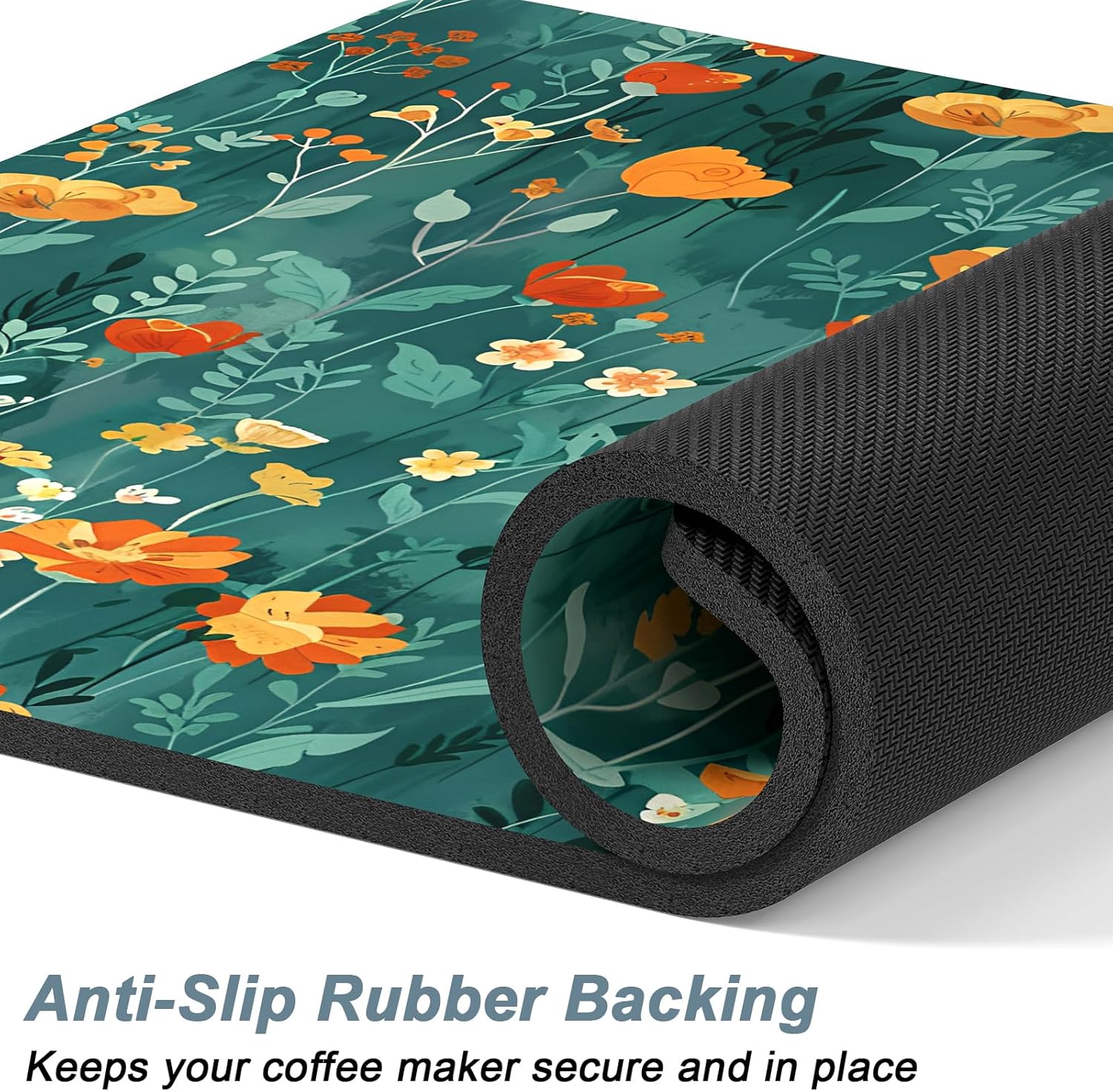 Rnivvi Coffee Mat, 12" x 19" Cute Coffee Bar Mats for Espresso Machine Station Accessories and Organizer, Hide Stain Rubber Backed Absorbent Dish Drying Pad for Kitchen Counter, Gentle Forest Flowers