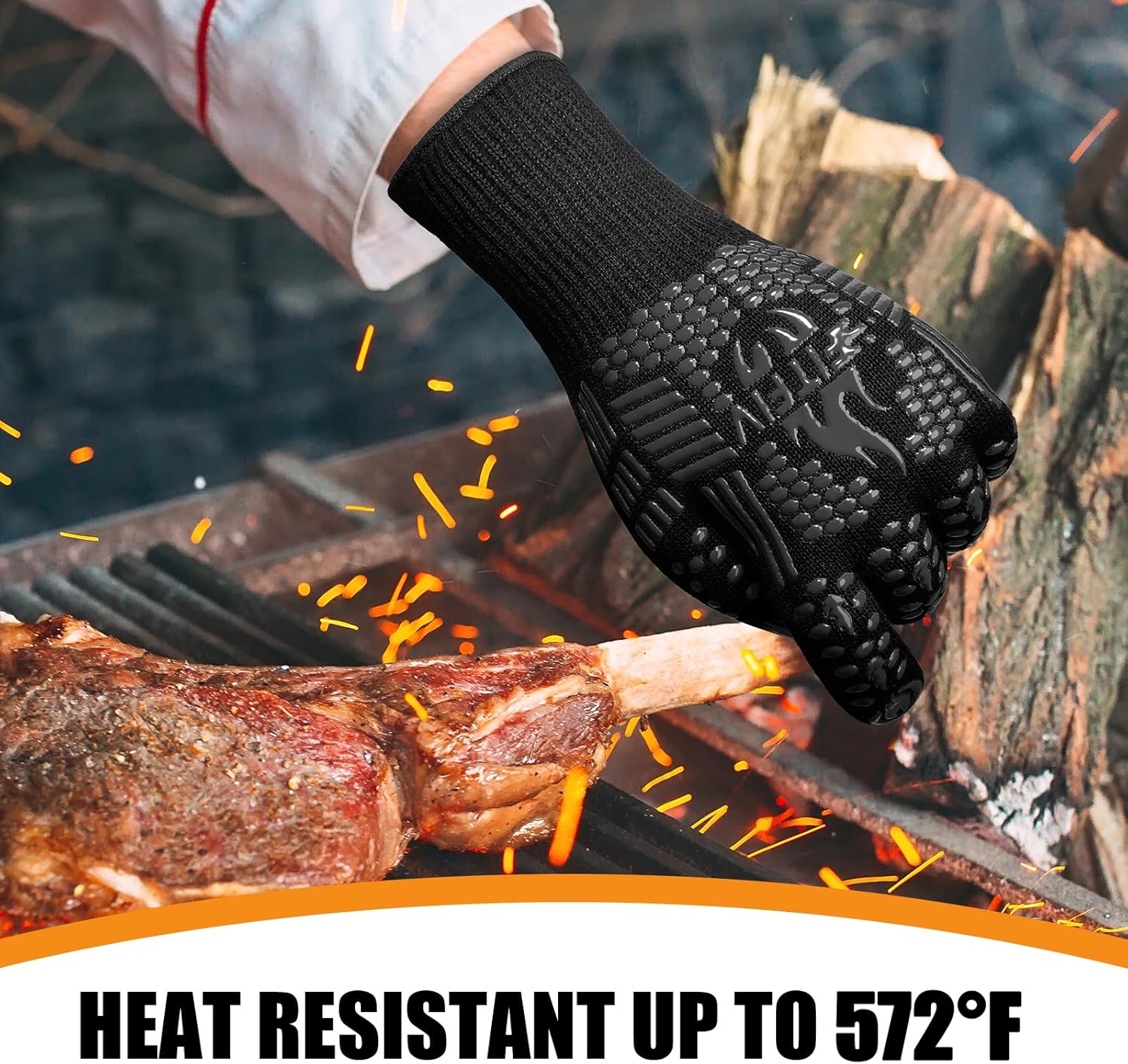 BBQ Gloves, Oven Gloves, Extreme Heat Resistant Barbecue Gloves, Silicone Non-Slip Oven Mitts, Kitchen Gloves for Cooking, Grilling, and Baking (Black)