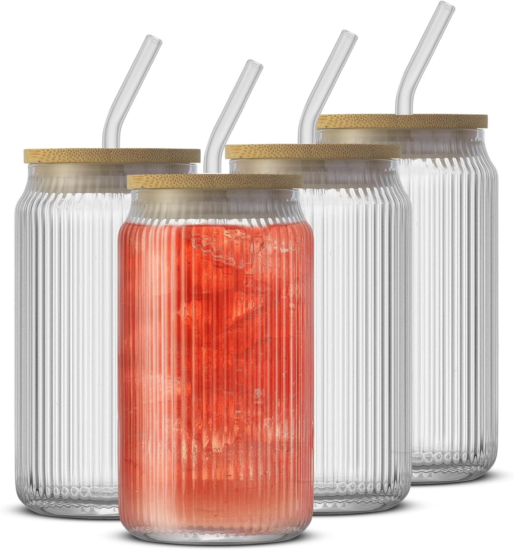 JoyJolt Fluted Glass Tumblers with Bamboo Lids and Glass Straws, Ribbed Can Shaped Drinking Glasses Set of 4, 16oz Cup with Lids and Straws, Iced Coffee Cups, Cocktail/Beer Glasses, Tea Cups