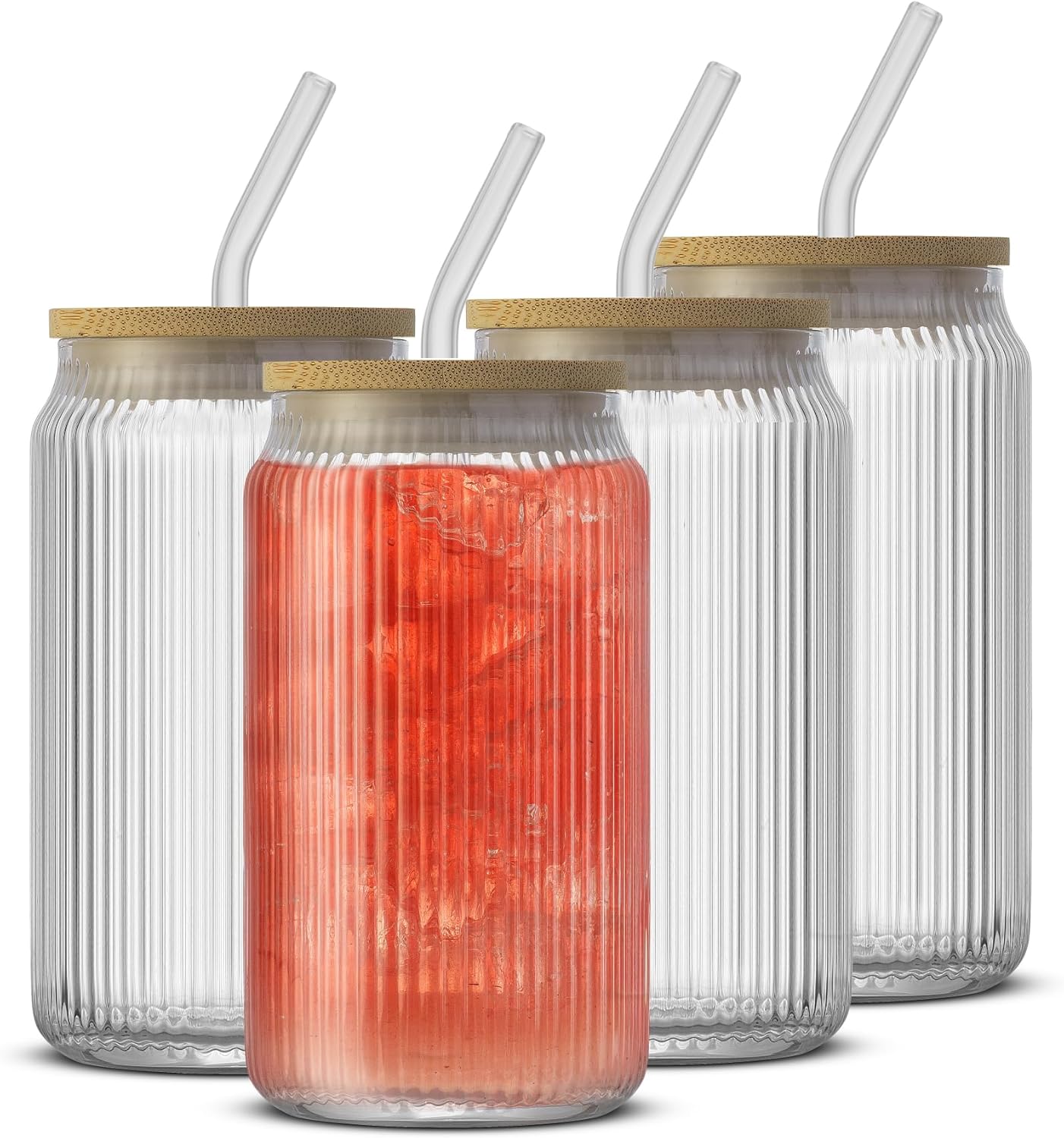 JoyJolt Fluted Glass Tumblers with Bamboo Lids and Glass Straws, Ribbed Can Shaped Drinking Glasses Set of 4, 16oz Cup with Lids and Straws, Iced Coffee Cups, Cocktail/Beer Glasses, Tea Cups