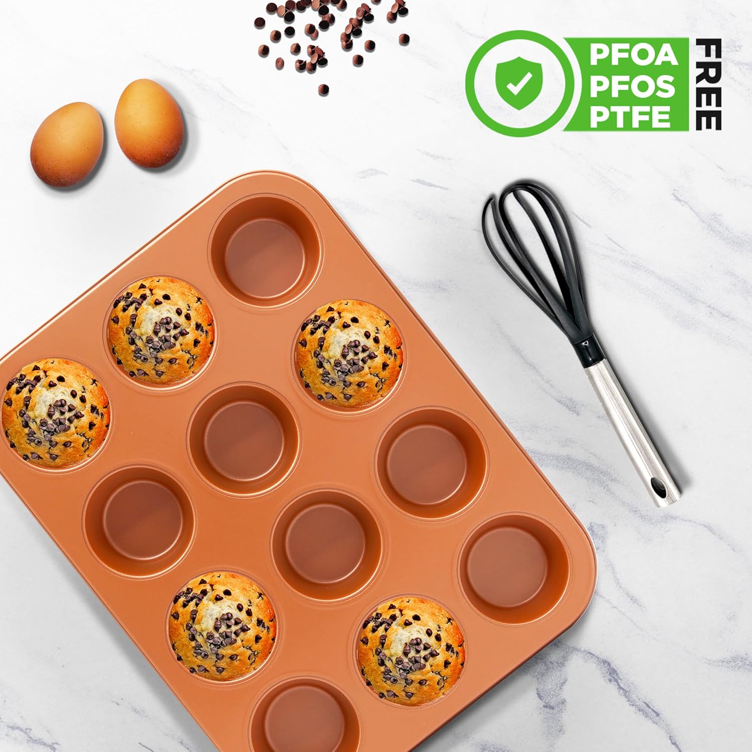 NutriChef 12-cup Copper Oven Muffin Pan, Non-Stick Coated Layer Surface, Even Heating Muffin Tray for Muffins, Cupcakes, Pastries & Mini Pies, Used for Model Number NCBSCC54