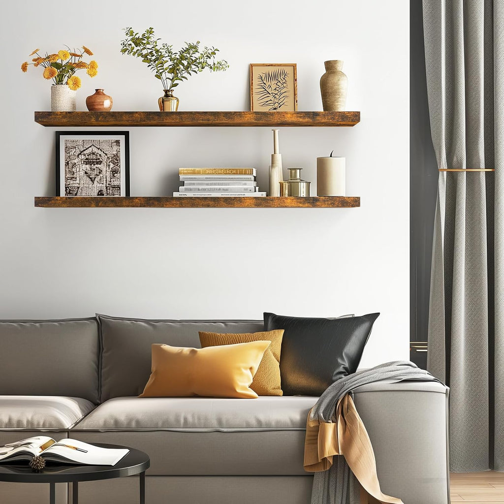 BAYKA Floating Shelves, 48" Wall Mounted Rustic Wood Shelves for Bathroom, Bedroom, Living Room, Kitchen, Office, Hanging Shelf for Books/Storage/Decor(Rustic Brown,Set of 2)