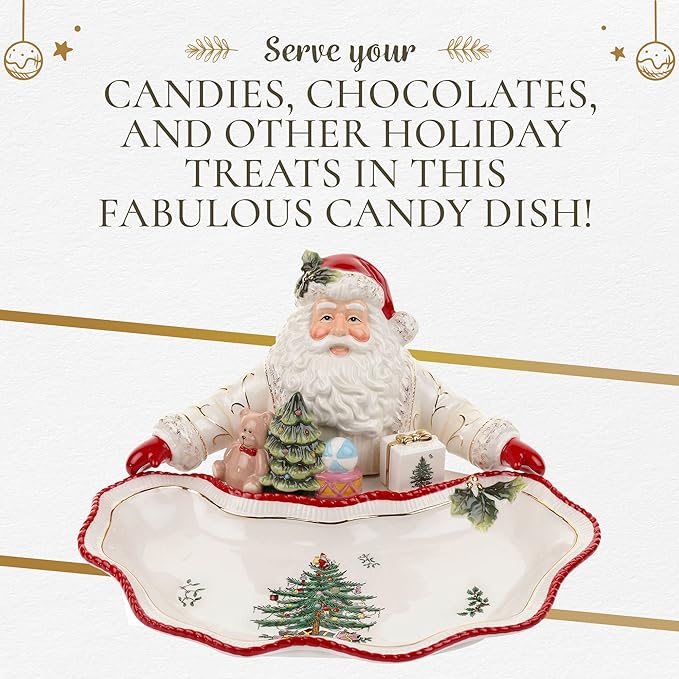 Spode Christmas Tree Gold Collection Figural Santa Dish, 12.25-Inch Holiday Décor Candy Bowl - Fine Earthenware with 22-Karat Gold Accents, Christmas Mantel Decoration & Holiday Tableware