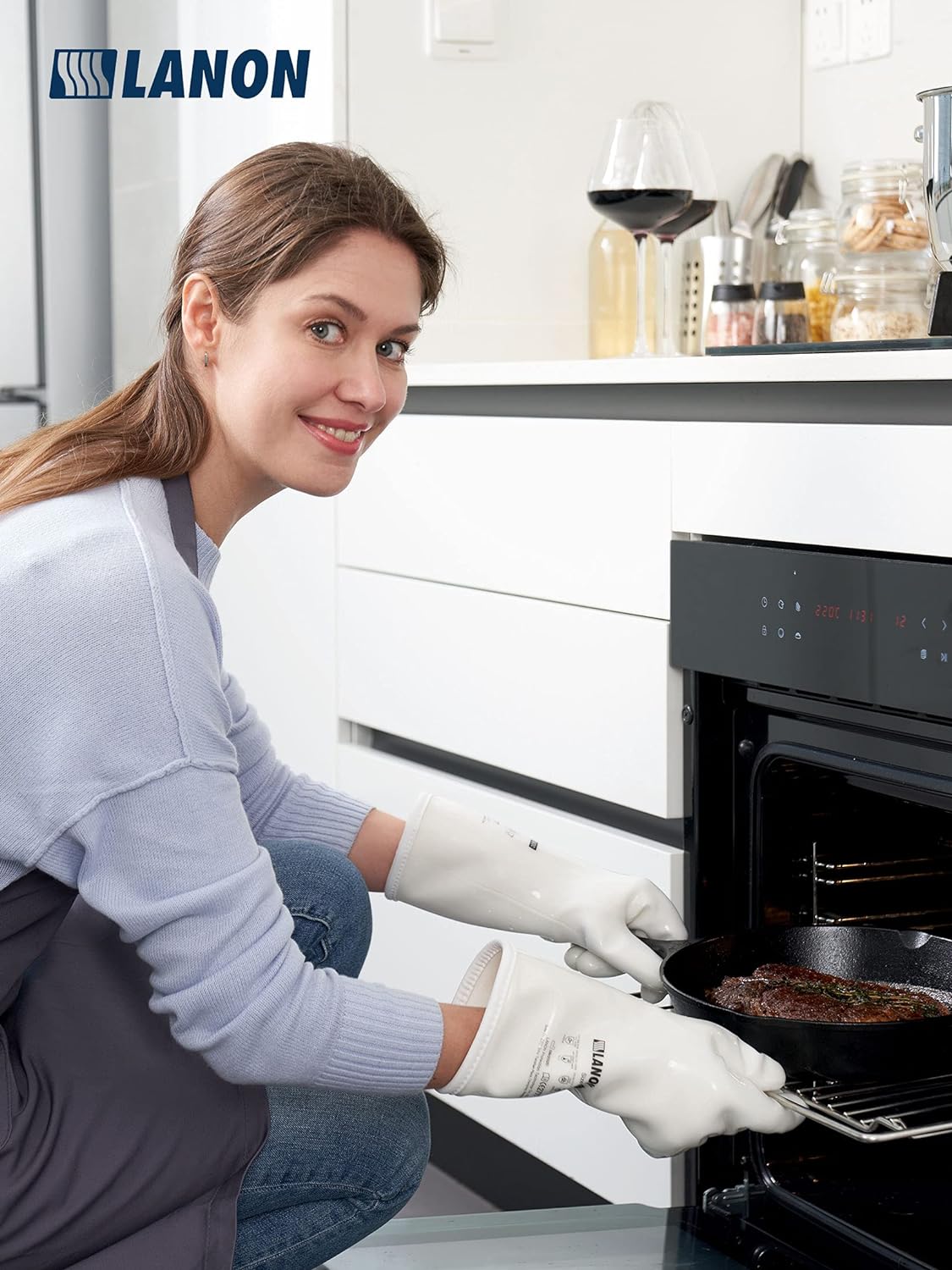 LANON Liquid Silicone Gloves, Heat Resistant Oven Gloves with Fingers, Food Grade, Waterproof, White, XXL