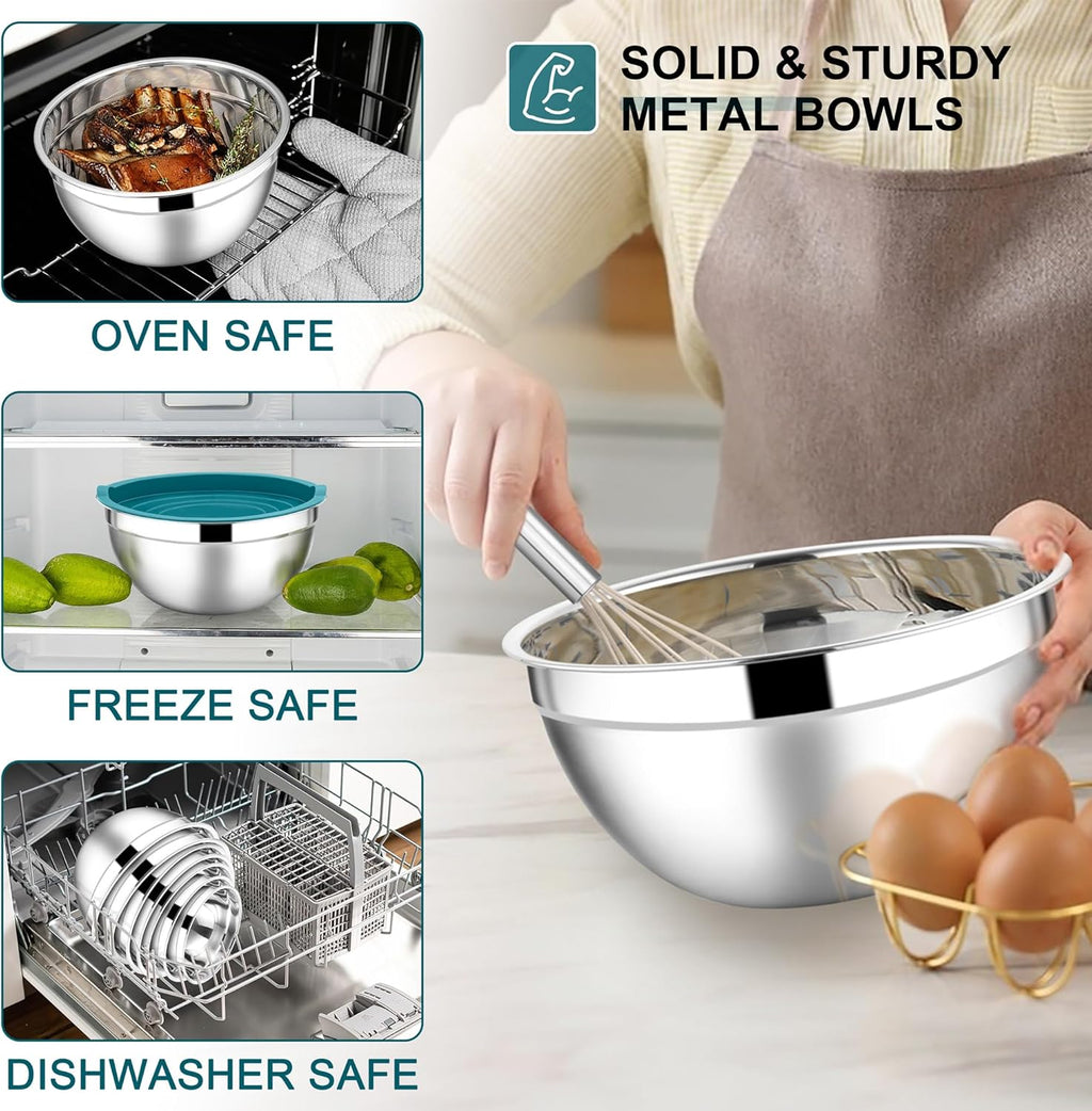 E-far Mixing Bowls with Lids Set, 7-Piece Stainless Steel Mixing Bowls with 3 Grater Attachments, Size 4.6, 3.5, 2.6, 2, 1.5, 1, 0.7QT, Metal Nesting Bowls & Blue Airtight Lids, For Baking/Cooking
