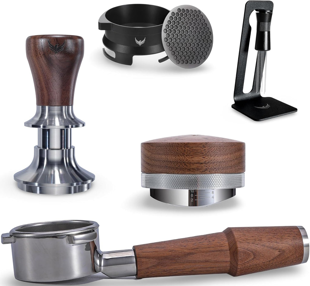 54mm Breville Espresso Machine Accessories Kit Complete 6-Piece Barista Set with Walnut Calibrated Tamper, Distribution Tool, Bottomless Portafilter, Espresso Funnel, Puck Filter& WDT Tool