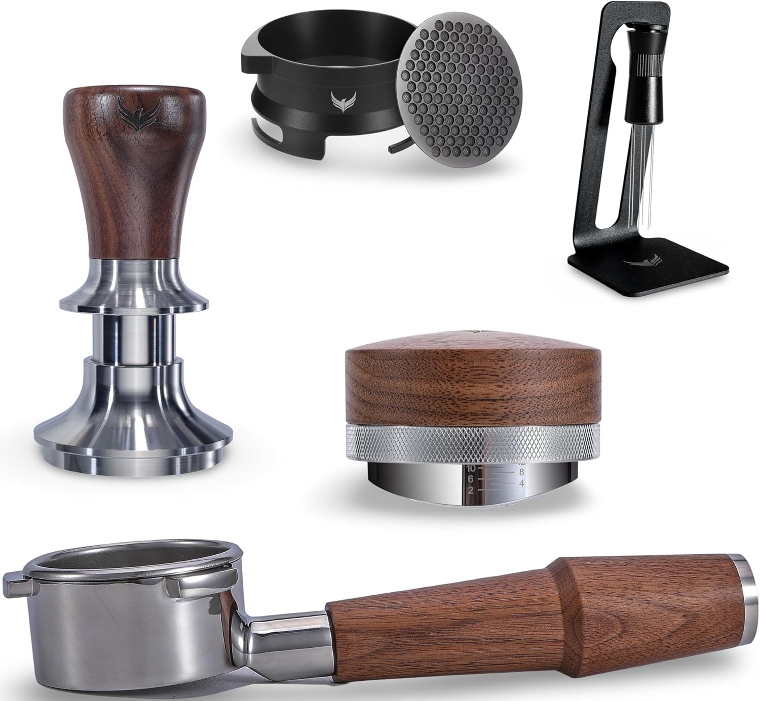 54mm Breville Espresso Machine Accessories Kit Complete 6-Piece Barista Set with Walnut Calibrated Tamper, Distribution Tool, Bottomless Portafilter, Espresso Funnel, Puck Filter& WDT Tool