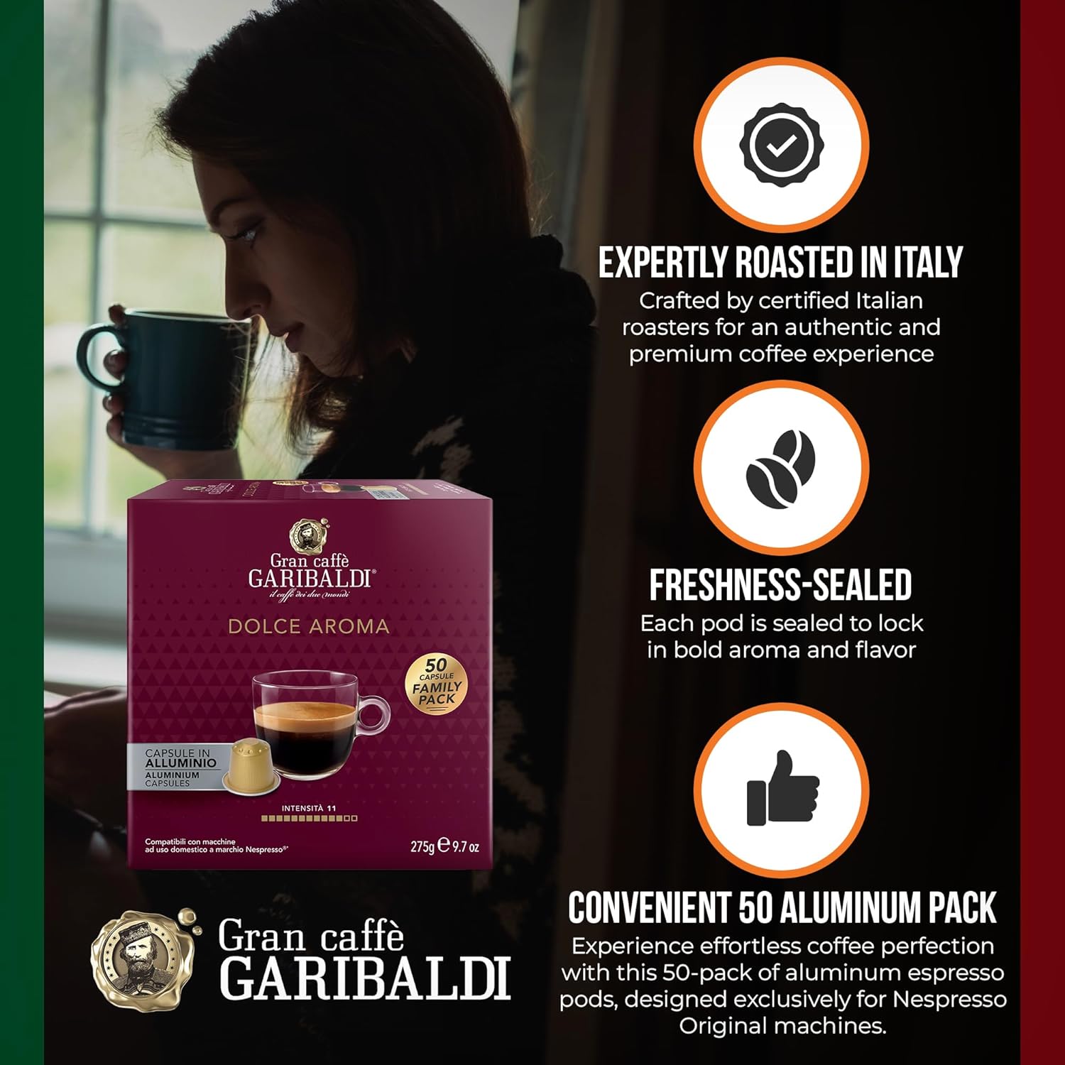 Gran Caffè Garibaldi Espresso Pods, Italian Roasted Coffee, Compatible Nespresso Original Line Machines, Nitrogen Flushed, Intense Aroma, Full-Bodied Crema - Dolce Aroma 200 Aluminum Cups