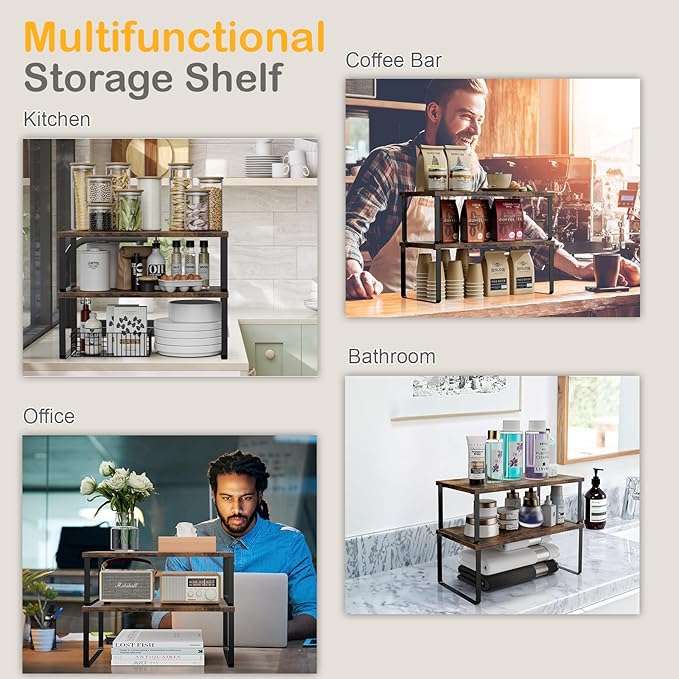 Cabinet Shelf Organizers, 15.7 inches Large Kitchen Counter Shelf, Set of 2 Wood Kitchen Pantry Organizer, Storage Shelves for Countertop, Spice Rack, Stackable, Expandable, Metal Black, Brown