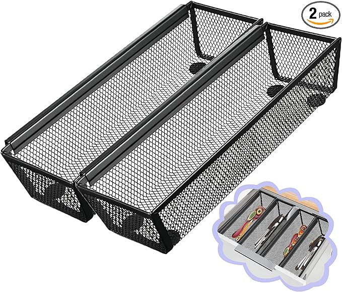 2PCS Drawer Organizer for Kitchen,Utensil Mesh Drawer Organizer with Interlocking Arm for Cosmetic,Flatware,Pen (9 * 3 * 2 Inches,Black)