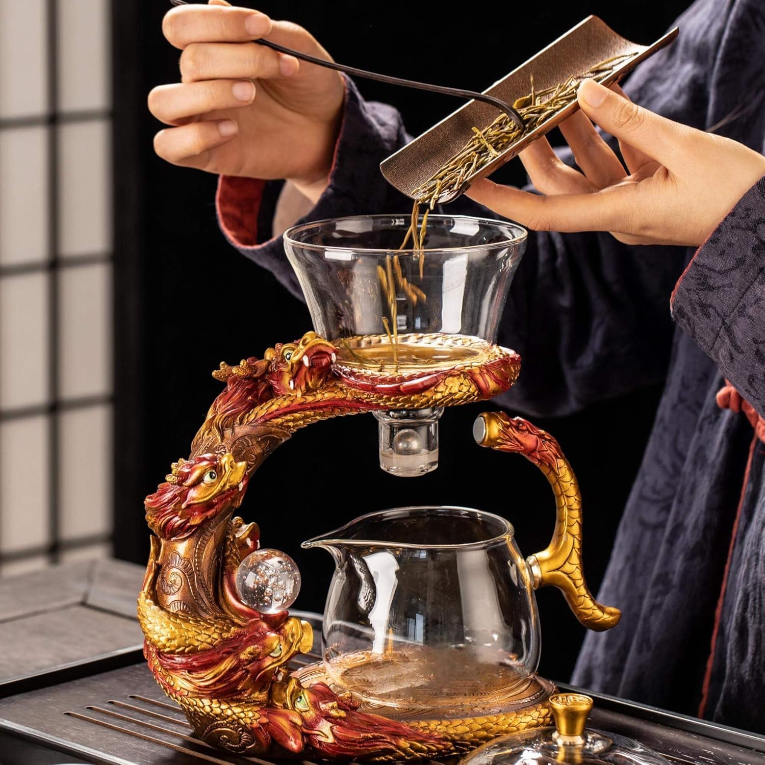 Glass Teapot Set with Infuser Semi Automatic Dragon Tea Set (Red golden teapot)