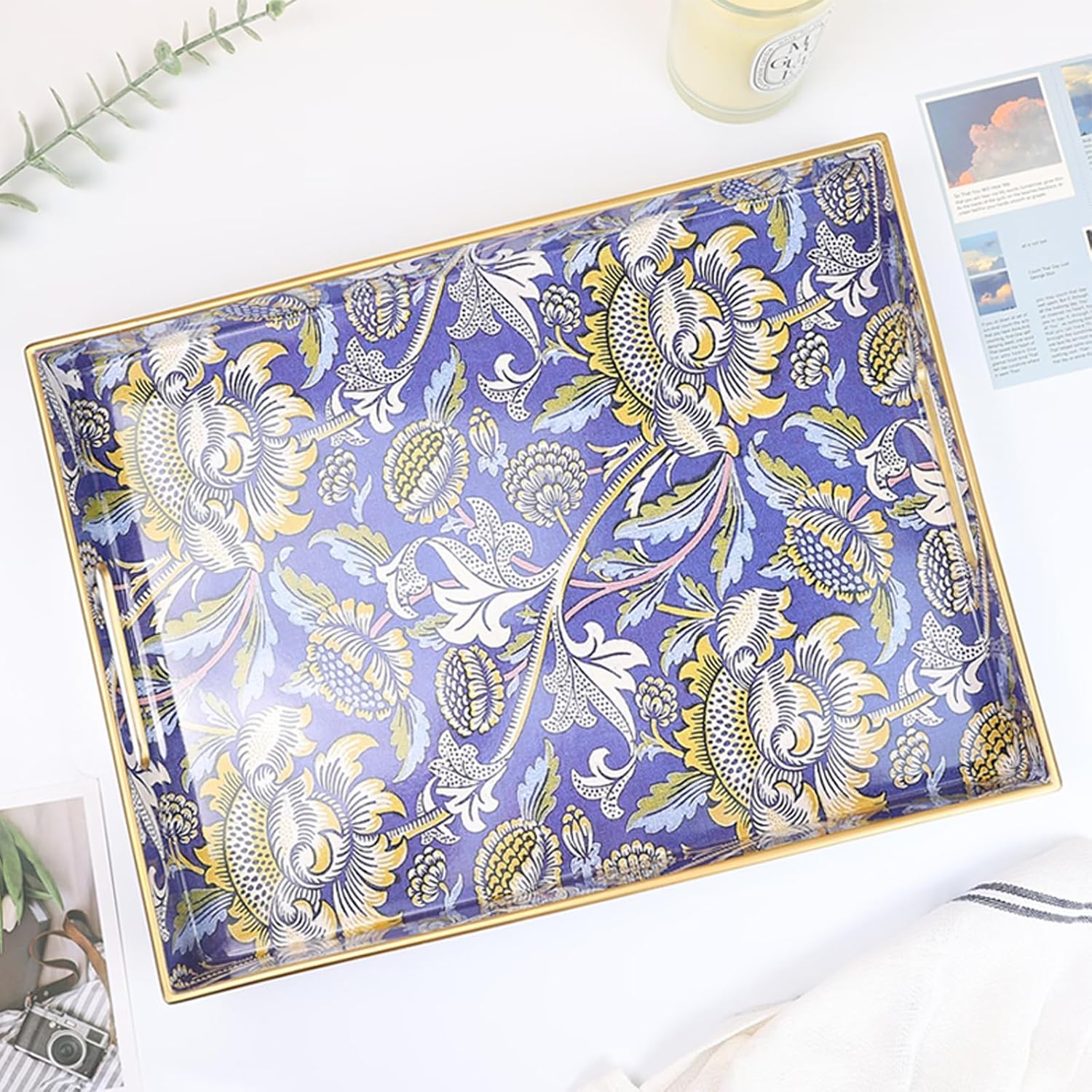 Rectangle Plastic Serving Tray with Handles, Elegant Decorative Tray for Coffee Table, Ottoman, Living Room, Kitchen, and Outdoor Use. 12"*16"*1.6", Wey