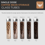 Single Dose Coffee Bean Storage Tubes Coffee Bean Cellar 10 Pcs Dosing Glass Vials With Lids (2 Oz) Wooden Display Stand And Funnel