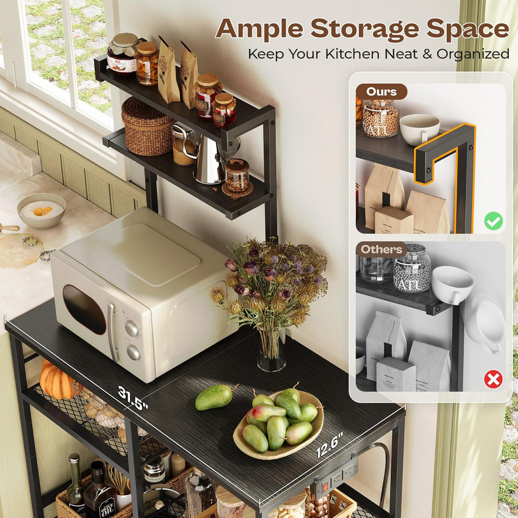 Huuger 31.5 Inch Bakers Rack with Power Outlets, Kitchen Microwave Stand with Storage, Coffee Bar with 4 Hooks, 3-Level Height Open Shelves, Black