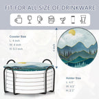 6 Pcs Coasters for Drinks with Holder, Abstract Mountain Sun Absorbent Ceramic Coasters with Cork Base,Cute Funny Table Drinks Coasters Tabletop Protection Mat,Table Home Decor,4 Inches