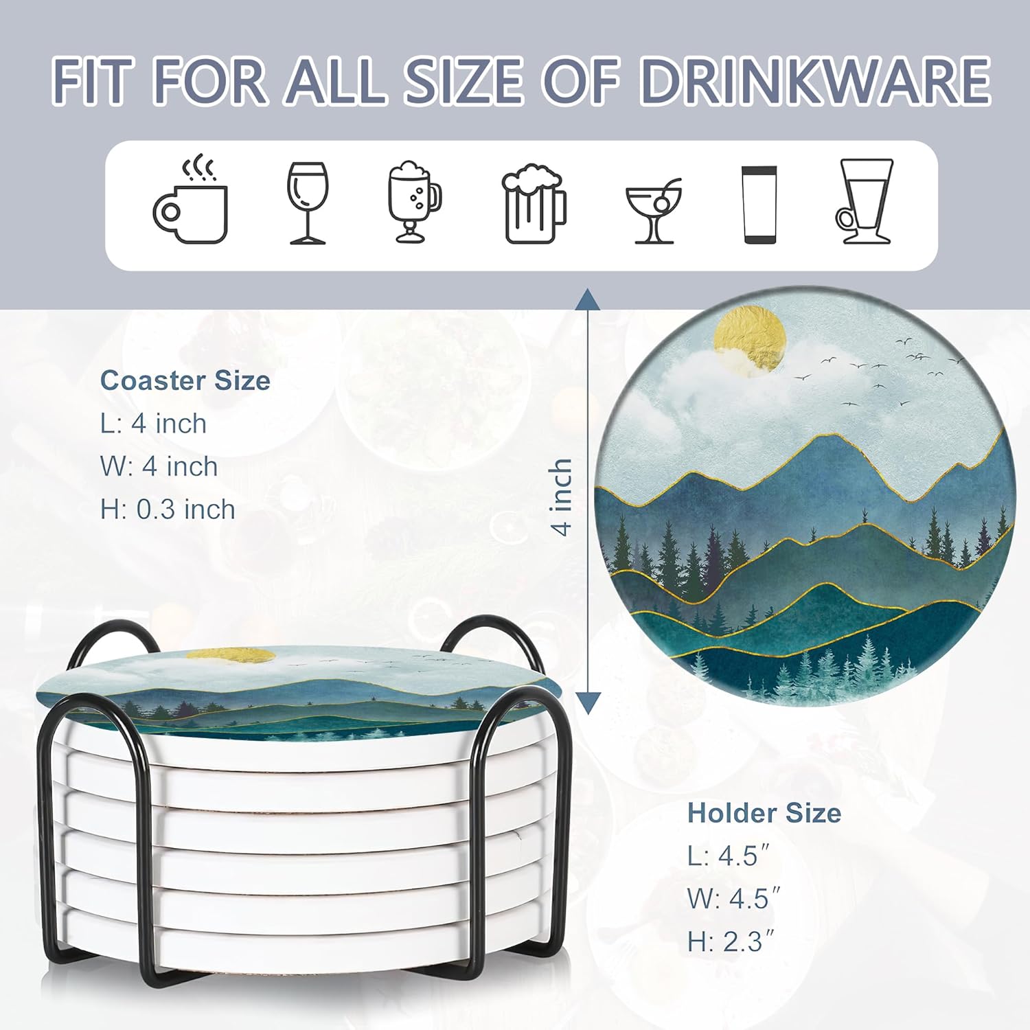 6 Pcs Coasters for Drinks with Holder, Abstract Mountain Sun Absorbent Ceramic Coasters with Cork Base,Cute Funny Table Drinks Coasters Tabletop Protection Mat,Table Home Decor,4 Inches